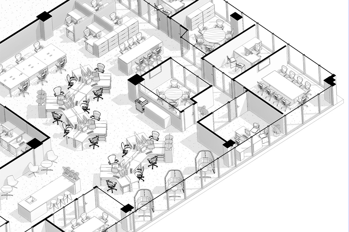 Plan d’aménagement de bureau détaillé pour l’analyse par la firme de design intérieur Espazio