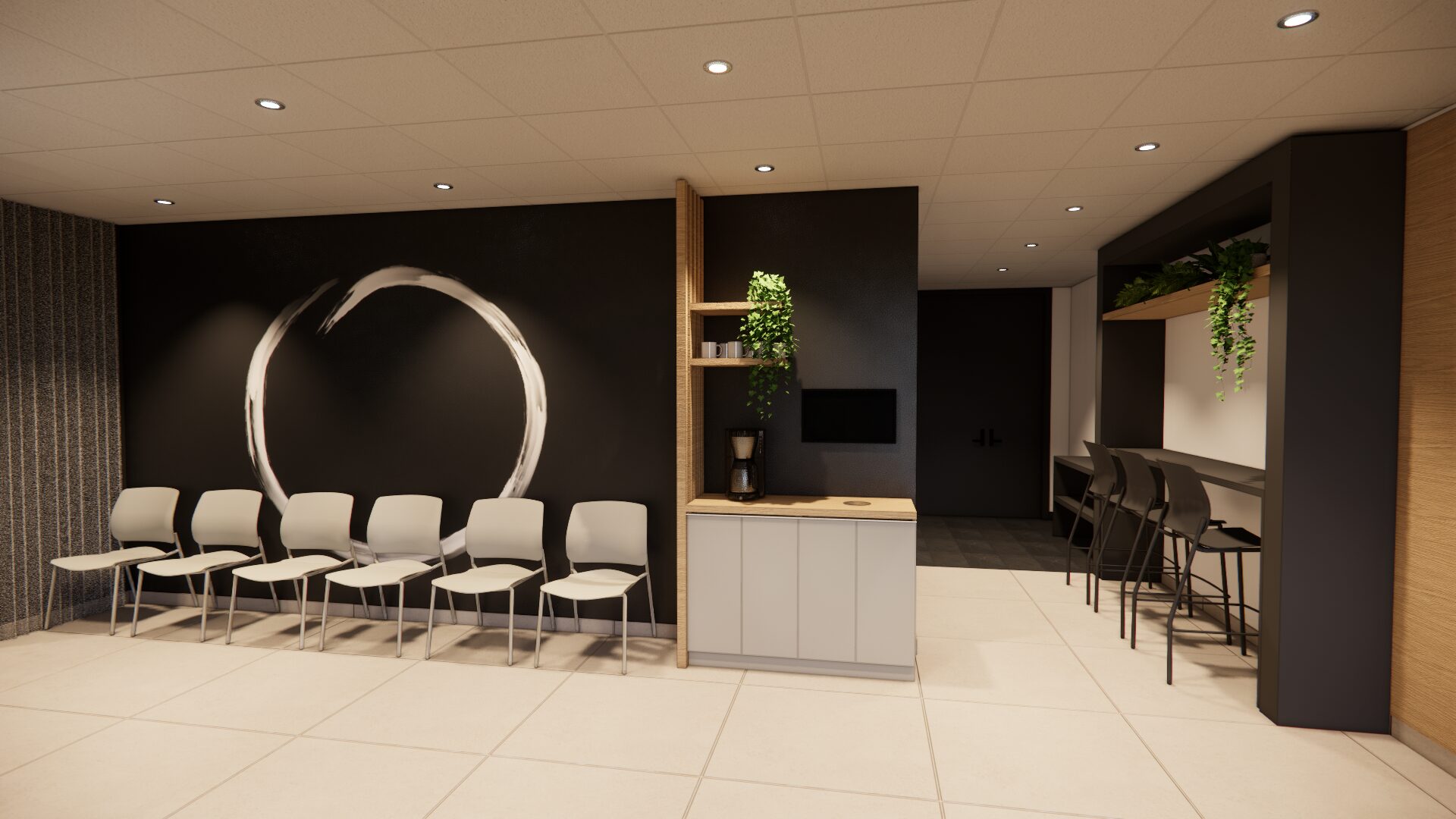 La réception d’une entreprise suite à l’aménagement des bureaux par Espazio Design Intérieur